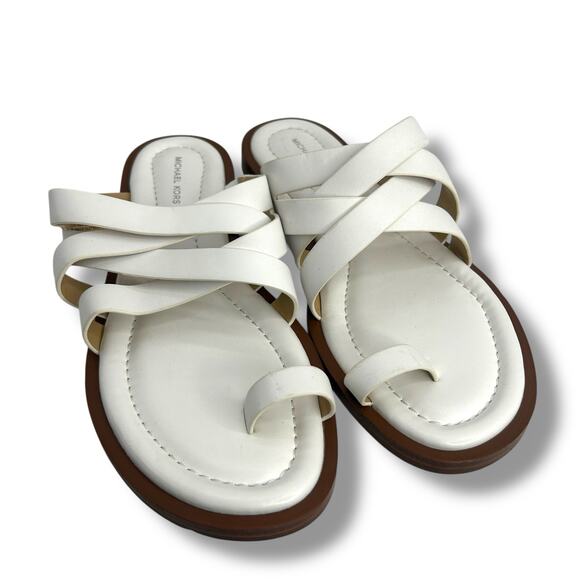 Michael Kors White Nora Toe Ring leather Sandals Size 7 Strappy Flat Sandals - Picture 3 of 11